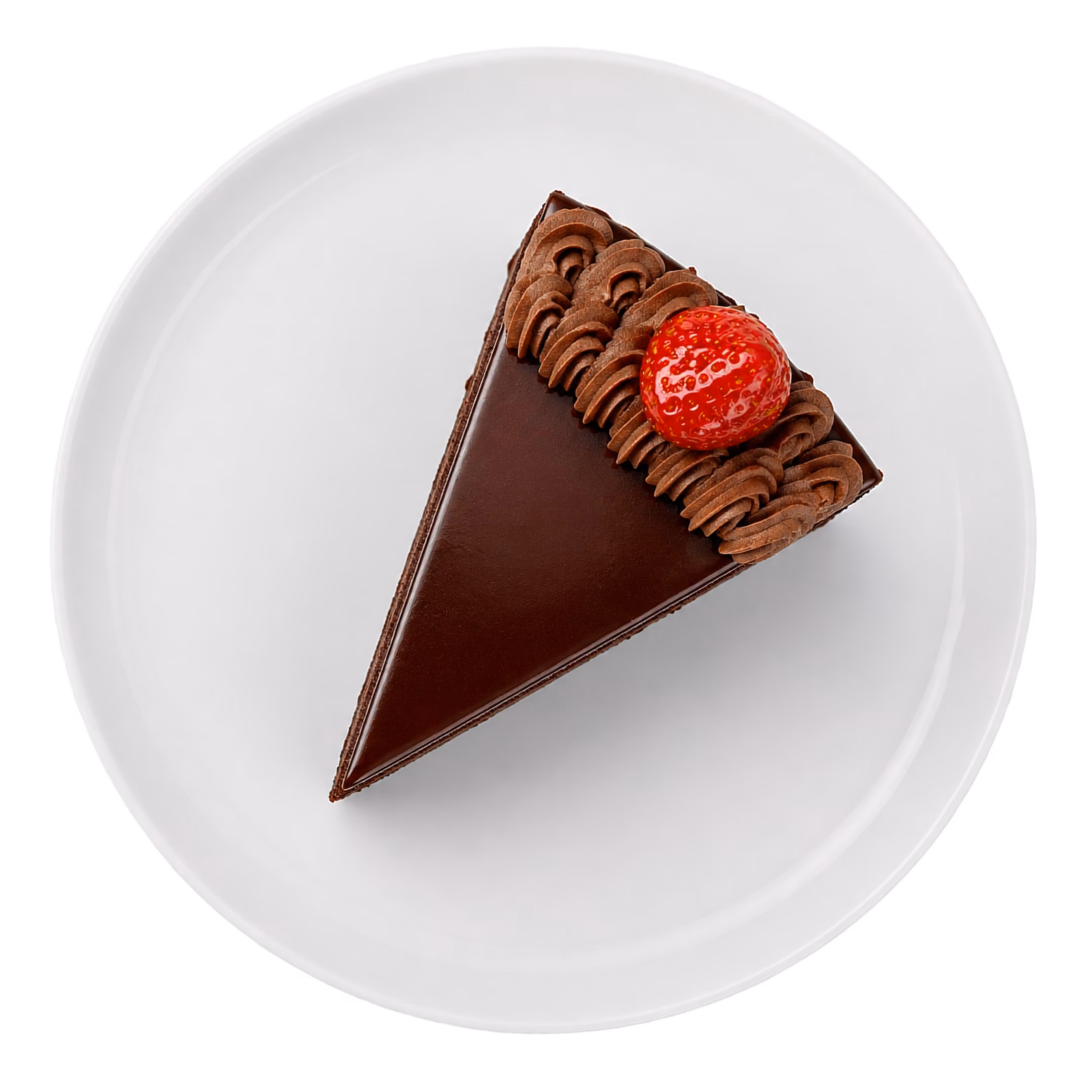 Komad čokoladne torte s malinom na tamnom tanjuru
